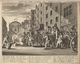 Burning the Rumps at Temple Bar Plate 11: Illustrationer til Samuel Butlers Hudibras, 1725-30.