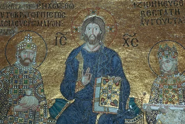 Byzantinsk mosaik, der viser Kristus på tronen mellem jordiske herskere, 1100-tallet
