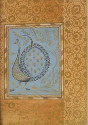 Kalligrafisk komposition i form af en påfugl, blad fra Bellini-albummet, ca. 1600.