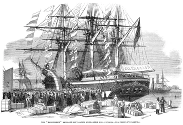 Caroline Chisholm taler til en folkemængde fra emigrantskibet Ballengeich, 1852