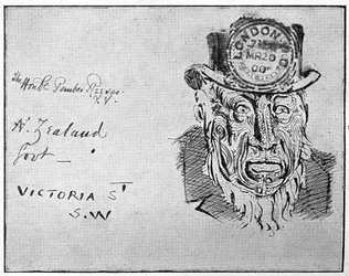 Karikatur, der fremstiller boerlederen Paul Kruger som maori, 1900