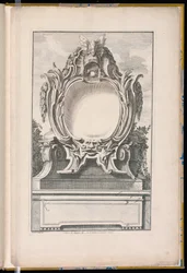Cartouche dekoreret med hjelm og maske