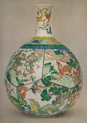 Kinesisk porcelænsflaske i emalje Famille Verte. Periode af KAng His, 1662-1722, 1928