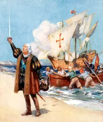 Christoffer Columbus går i land i Amerika, 1492, ca. 1920