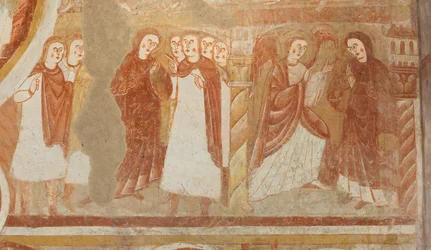 Kirke (Église Saint-Martin). Interiør. Vægmalerier (fresko). Skibets vestmur. Detalje. Anklage og bebudelse af Jomfruen. 12. århundrede.