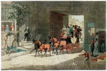 Bus ankommer i gården til en kro, 1890