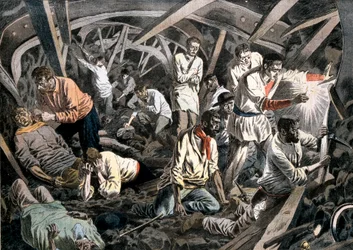Kulminearbejdere fanget under jorden af et tagfald, Courrieres Mines, Pas-de-Calais, Frankrig, 1906