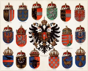 Våbenskjolde for amterne i Østrig-Ungarn og det lille østrigske rigsvåben, ca. 1907.
