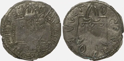 Mønt Srebrennik af storhertug Vladimir Svyatoslavich Bagside: Symbol of Rurikids, 980-1015