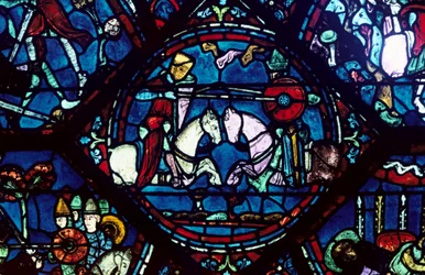 Kamp mellem Roland og King Marsile, farvet glas, Chartres Cathedral, Frankrig, 1194-1260