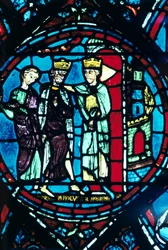Konstantin hilser Karl den Store i Konstantinopel, farvet glas, Chartres Cathedral, Frankrig, c1225