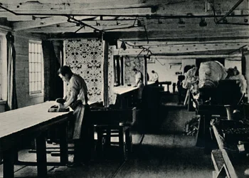 Bomuldstryk på Merton Abbey Works, c1884.
