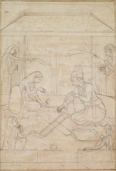 Par, der spiller Chaupar på en terrasse, ca. 1790-1800.