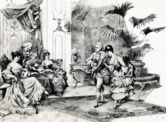 Hofdans i rokokokostume. omkring 1900