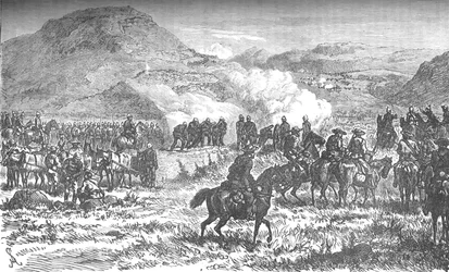 Dækker tilbagetoget af det 58. regiment efter slaget ved Laings Nek, c1880