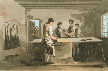 Beskæring af uld for at give en jævn bunke efter lur var blevet hævet, 1814