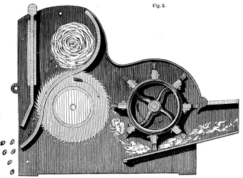 Tværsnit af Eli Whitneys 1765-1825 sav-gin til rengøring af bomuld, 1865