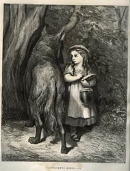 Når den krydser skoven, møder den lille rødhætte ulven. Gravering af Gustave Dore (1832-1883) fra "" Les contes"" af Charles Perrault (1628-1703)