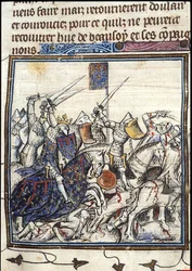Korsfarere og saracenere kæmper under det tredje korstog Fra Chroniques de France ou de St Denis, efter 1380