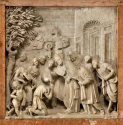 Krypten, Ark of Saints Marcellino og Peter Exorcist, Lorenzo Trotti, Omdannelsen af fangevogteren Artemio, Cathedral of Santa Maria Assunta, Cathedral, Cremona, Lombardiet, Italien (foto)