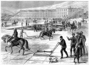 Skæring og opbevaring af is på Hudson River, New York, USA, 1875