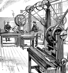 Skæring af møntemner fra metalstrimler, Royal Mint, London, 1897