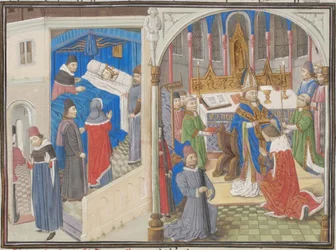 Amalrik 1. af Jerusalems død. Balduin 4.s kroning. Miniature fra Historia af Vilhelm af Tyrus, 1460