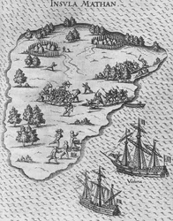 Magellans død på den filippinske ø Mactan. Fra Levinus Hulsius