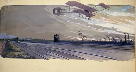 Luftfartens begyndelse: Louis Paulhan (1884-1963) passerer over et jernbanespor ombord på sin biplan under 300 km London/Manchester lige linjeløb den 27. og 28. april 1910