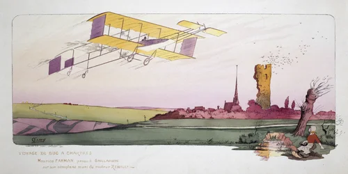 Luftfartens begyndelse: Maurice Farman (1878-1964) i sin biplan udstyret med en Renault-motor under løbet "Voyage de Bac a Chartres", omkring 1910