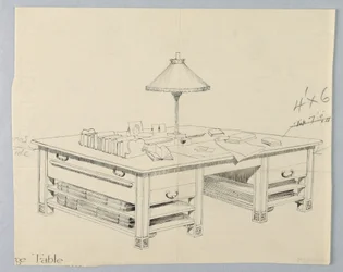 Design til massivt biblioteks opbevaringsbord med to åbne strækhylder på hver side, 1900–05