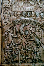 Detalje af et blad af en byzantinsk diptykon af elfenben, der viser mænd og bjørne i cirkus.