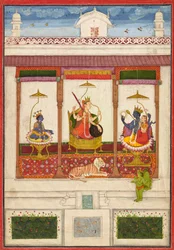 Devi med Krishna og Vishnu i et palads, ca. 1645-1655.