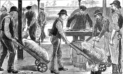 Havnearbejdere, der losser sukker ved West India Docks, London, 1889