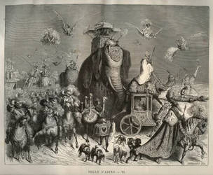 Æselhud: carrossus og brudekortege. Gravering af Gustave Dore (1832-1883) fra "" Les contes"" af Charles Perrault (1628-1703)
