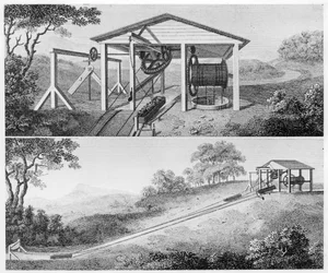 Dobbelt skråplan til at flytte karbade fra et niveau til et andet på en kanal, 1796