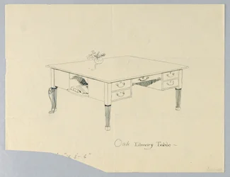 Tegning, design til biblioteksbord med side -niche og benvariation angivet