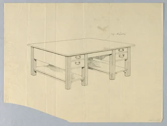 Tegning, design til massivt biblioteksbord med firkantede riflede ben og åbne bårehylder