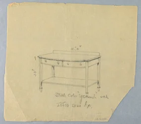 Tegning, design til serveringsbord med to skuffer og konveks front, 1900–05