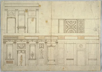 Tegning, design til et interiør, 1800-1820