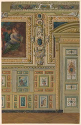 Tegning, sektion af en væg, der viser grupper af malede paneler, ovalt kammer, salon Louis XIV, Palace of Fontainebleau, Frankrig