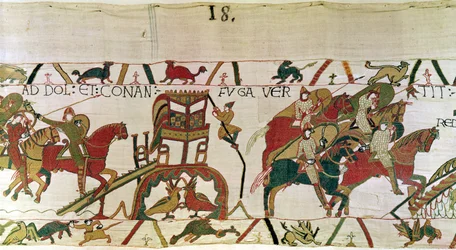 Hertug Conan flygter fra Dol med hertug Williams riddere på jagt, Bayeux-tapet (uldbroderi på hør)