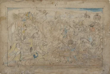 Durga, Kali og fem matrikaer kæmper mod dæmonens hær af dæmonen Shumbha..., ka. 1780.