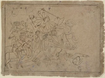 Durga, Kali og matrikerne kæmper mod dæmonen Raktabija: scene fra Devi Mahatmya, Ka. 1780.