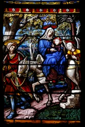 Saint-Remy-kirken i Troyes. Glasmaleri: Scener fra Jomfruens liv. Detalje: Flugten til Egypten. Vincent-Larcher værksted, 1800-tallet