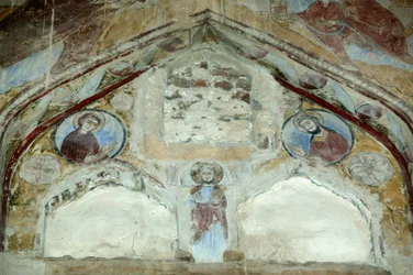 Sankt Macarius kirke. Fresker af den hellige jomfru og Johannes Døberen, der går i forbøn med Kristus til fordel for menneskeheden. Saint Macaire of Scete Monastery eller Deir Abu Magar eller Deir Amba Makar, Egypten