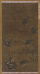 Otte Mynah-fugle med bambus og orkideer, Ming-dynastiet, 1500-tallet.