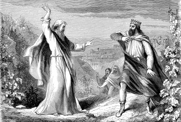 Elias, Gamle Testamentes profet. fordømmer Akab, Israels afgudsdyrkende konge, i Nabots vingård