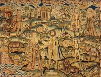 Broderipanel, der viser mennesker, blomster, insekter, fisk og dyr, 1600-tallet