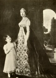 Empire kjole og børnekjole trimmet med blonder fra Valenciennes, 1804, 1937.